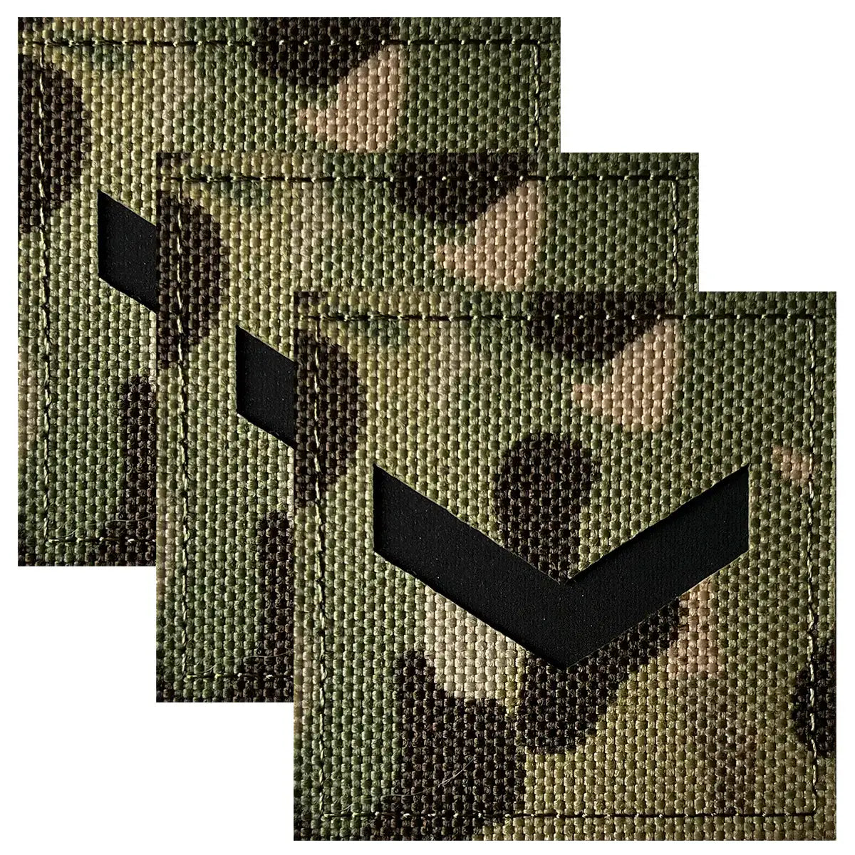 Army Rank Square Laser Cut Hook & Loop TRF Multicam patches with black laser cut rank insignia on camouflage fabric, 5x5cm size, versatile military patches.