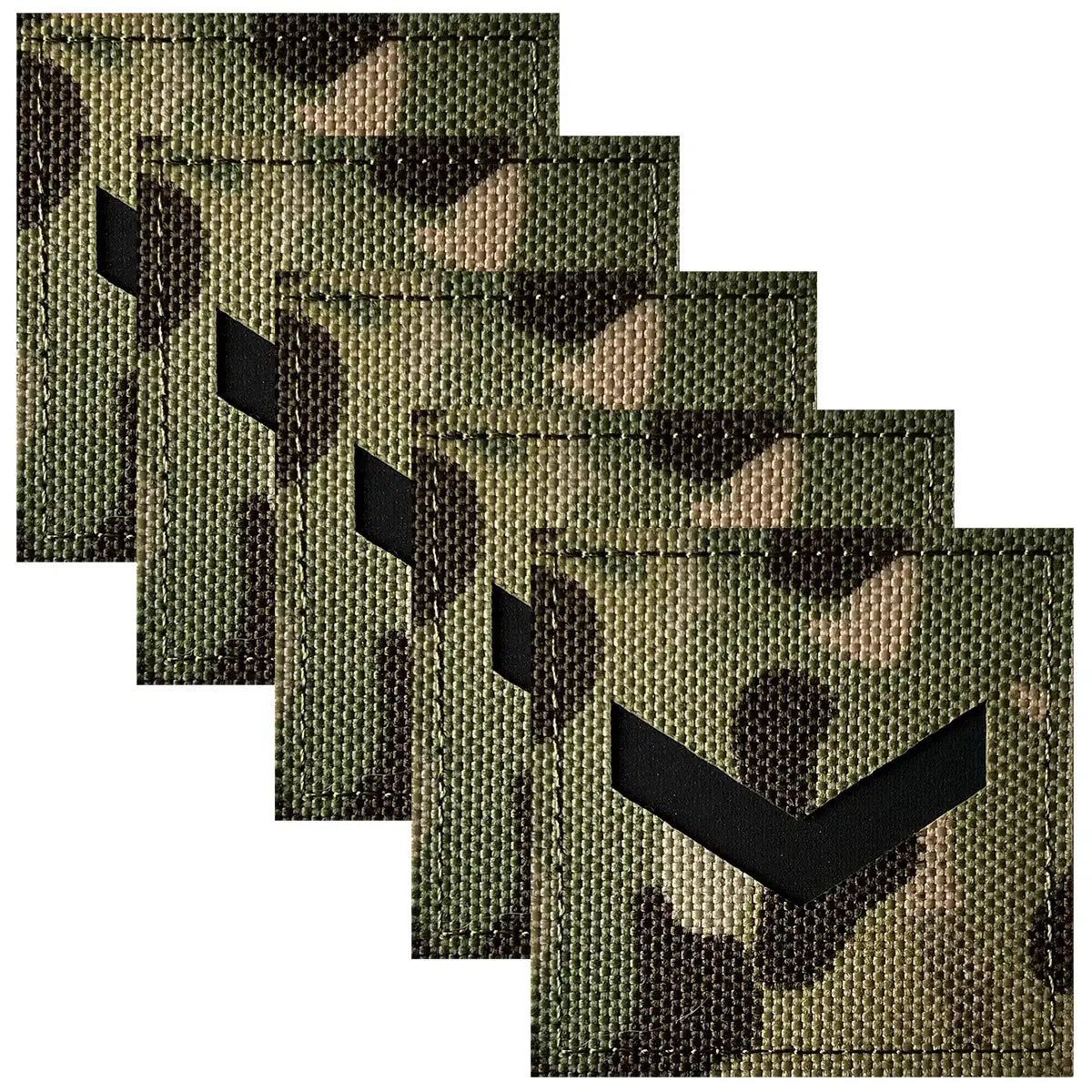 Multiple Army Rank Square Laser Cut Hook & Loop TRF patches in multicam camouflage with black insignia, 5x5cm, ideal for military uniforms.