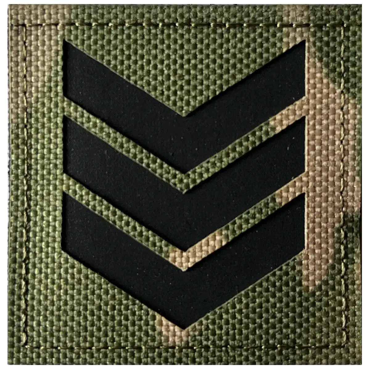 Army rank insignia patch with three black chevrons on multicam fabric, laser cut hook and loop backing for military uniforms - SKU: JB1362-LCP