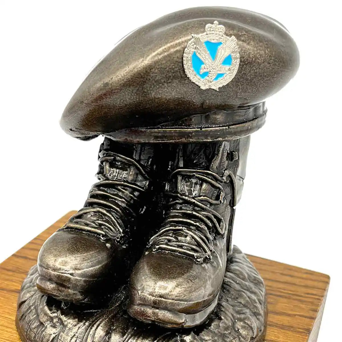 Beret and Boots Statue Bronze Resin on Oak Base | John Bulls with blue and silver cap badge, customizable military gift sculpture. Colour Enamel Badge from  John Bull Clothing 