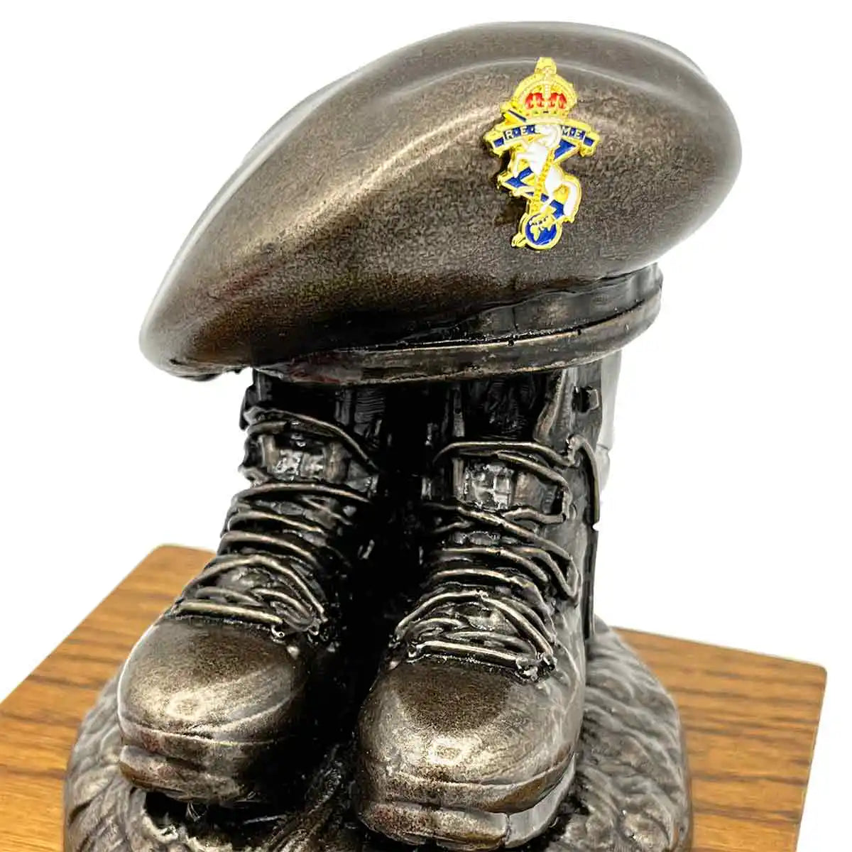 Beret and Boots Statue Bronze Resin on Oak Base | John Bulls with blue and gold crest, detailed army tribute statue. Colour Enamel Badge from  John Bull Clothing 