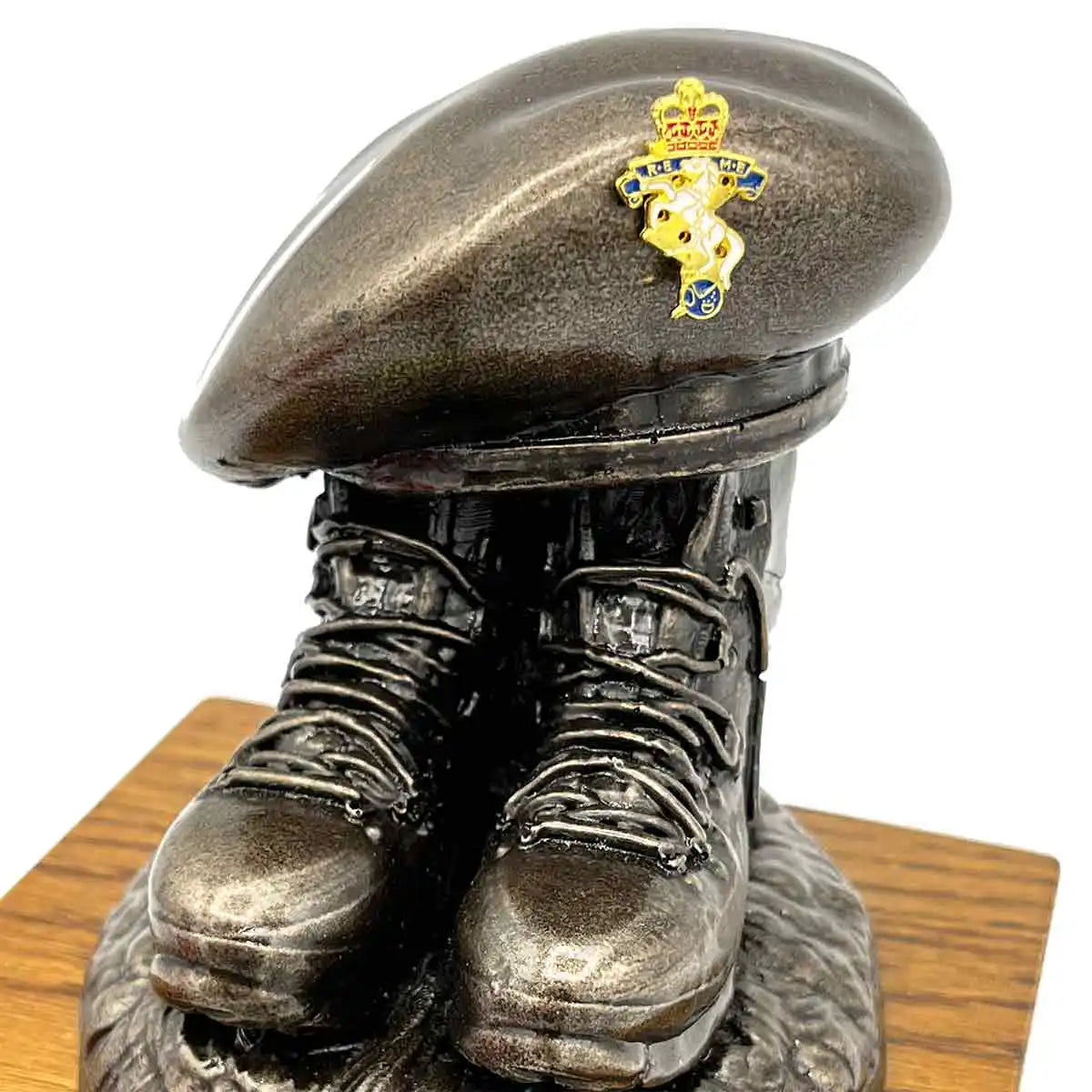 Bronze Resin Beret and Boots Statue on Oak Base | John Bulls with gold and red badge, ideal for military collectors. Colour Enamel Badge from  John Bull Clothing 