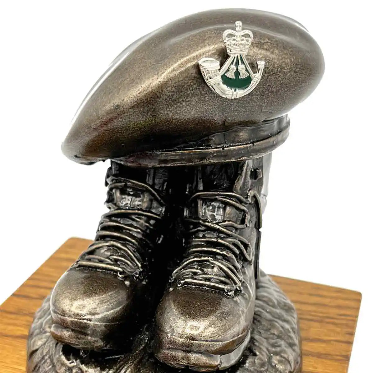 Bronze Beret and Boots Statue on Oak Base | John Bulls with silver bugle badge, customizable military sculpture for veterans. Colour Enamel Badge from  John Bull Clothing 
