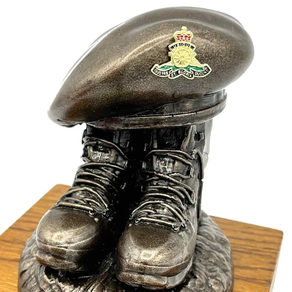 Beret and Boots Statue Bronze Resin on Oak Base | John Bulls with green corps badge, ideal for regimental pride display. Colour Enamel Badge from  John Bull Clothing 