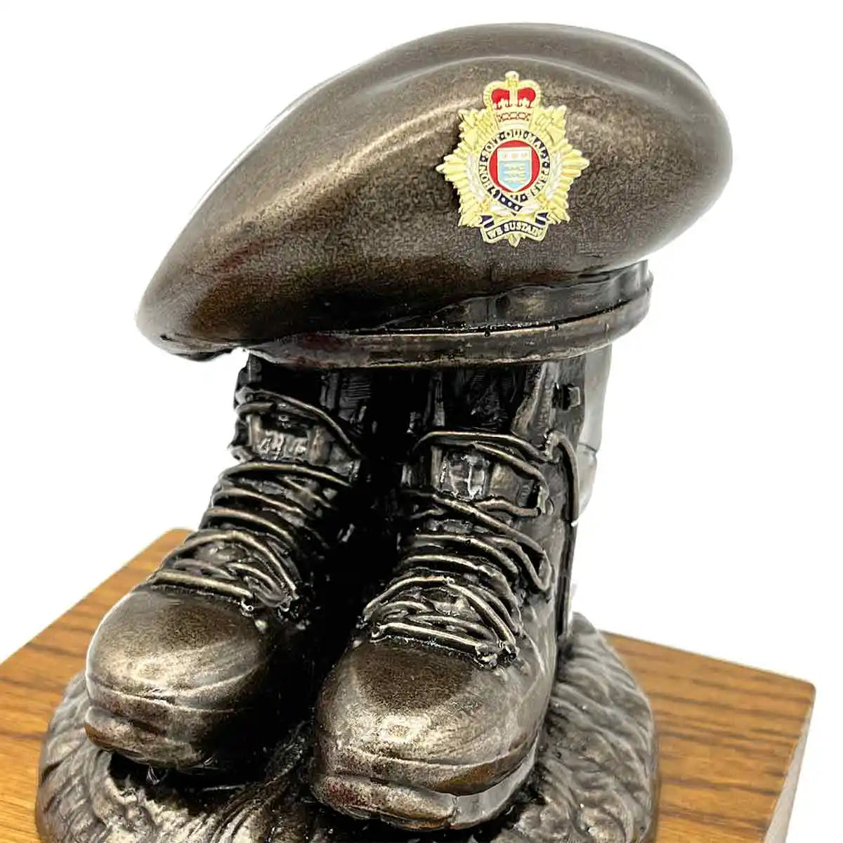 Bronze Beret and Boots Statue on Oak Base | John Bulls with police-style cap badge, ideal for uniformed service recognition. Colour Enamel Badge from  John Bull Clothing 