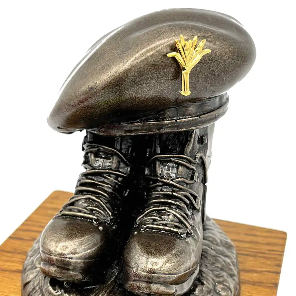 Beret and Boots Statue Bronze Resin on Oak Base | John Bulls with gold tree emblem, unique army sculpture for gifting. Colour Enamel Badge from  John Bull Clothing 