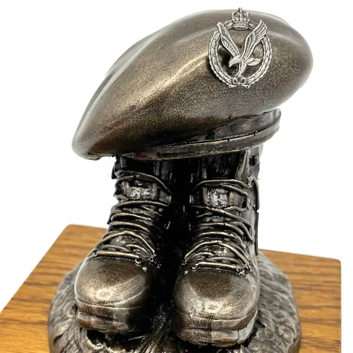 Beret and Boots Statue Bronze Resin on Oak Base | John Bulls with airborne wings crest, ideal for paratrooper memorabilia. Pewter Badge from  John Bull Clothing 