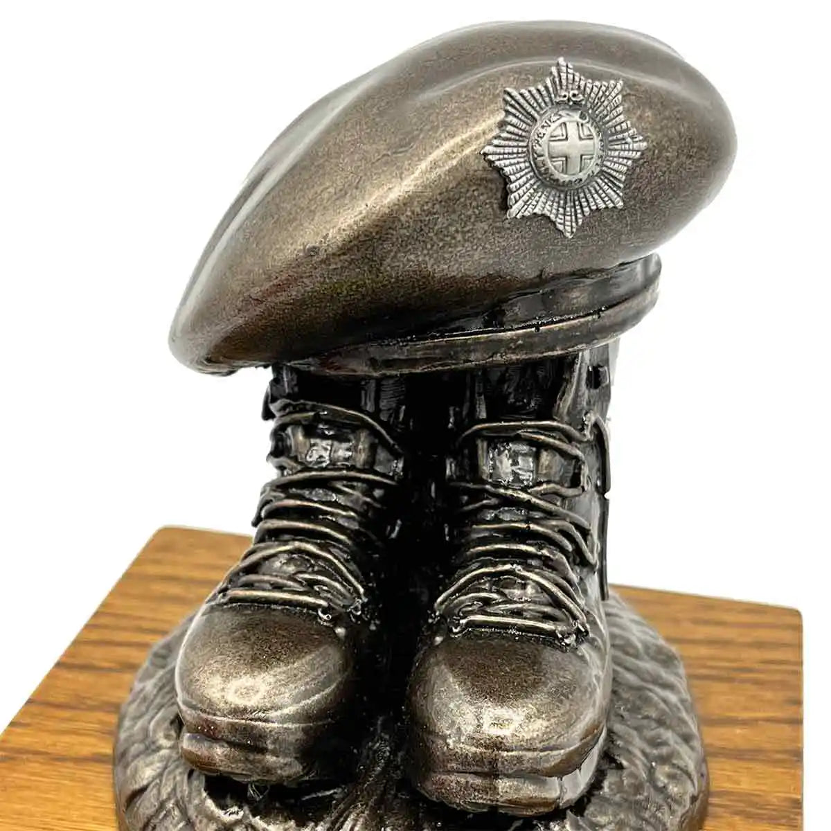 Bronze Resin Beret and Boots Statue on Oak Base | John Bulls with star badge, elegant army-themed home decor piece. Pewter Badge from  John Bull Clothing 