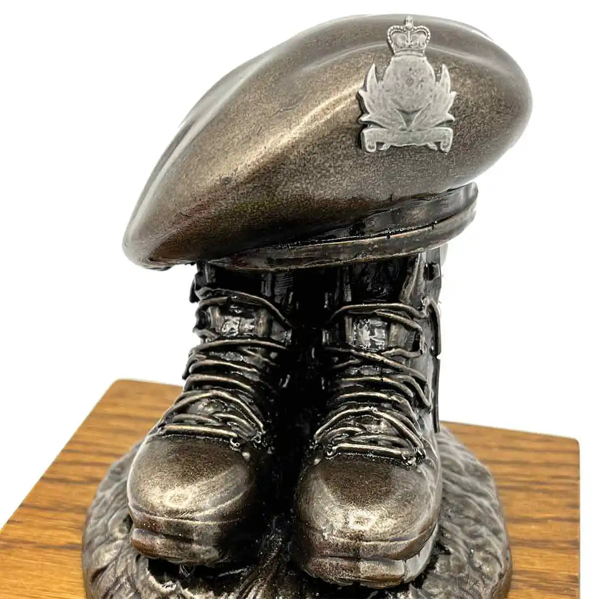 Beret and Boots Statue Bronze Resin on Oak Base | John Bulls with silver leaf badge, perfect for military heritage decor. Pewter Badge from  John Bull Clothing 