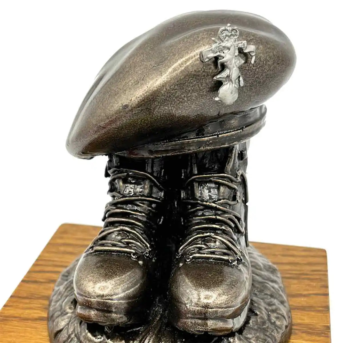 Beret and Boots Statue Bronze Resin on Oak Base | John Bulls with lion crest, perfect for regimental pride and display. Pewter Badge from  John Bull Clothing 