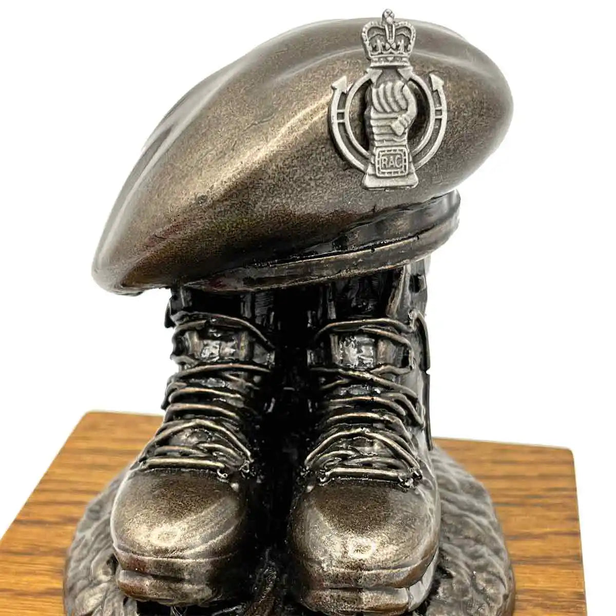 Beret and Boots Statue Bronze Resin on Oak Base | John Bulls with RAC badge, ideal for armored corps memorabilia. Pewter Badge from  John Bull Clothing 