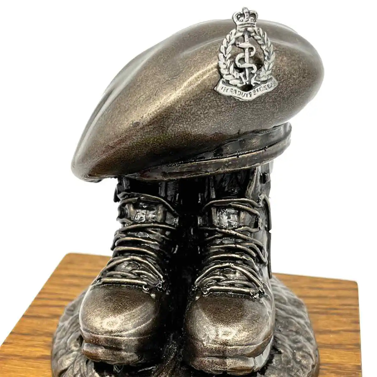 Beret and Boots Statue Bronze Resin on Oak Base | John Bulls with medical corps crest, elegant military sculpture for gifting. Pewter Badge from  John Bull Clothing 