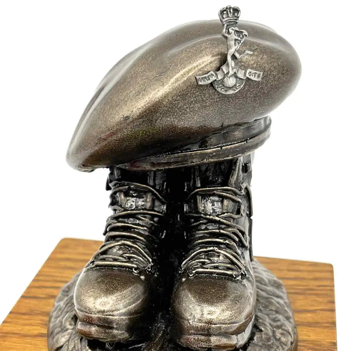 Beret and Boots Statue Bronze Resin on Oak Base | John Bulls with bugle and crown badge, ideal for infantry tribute. Pewter Badge from  John Bull Clothing 