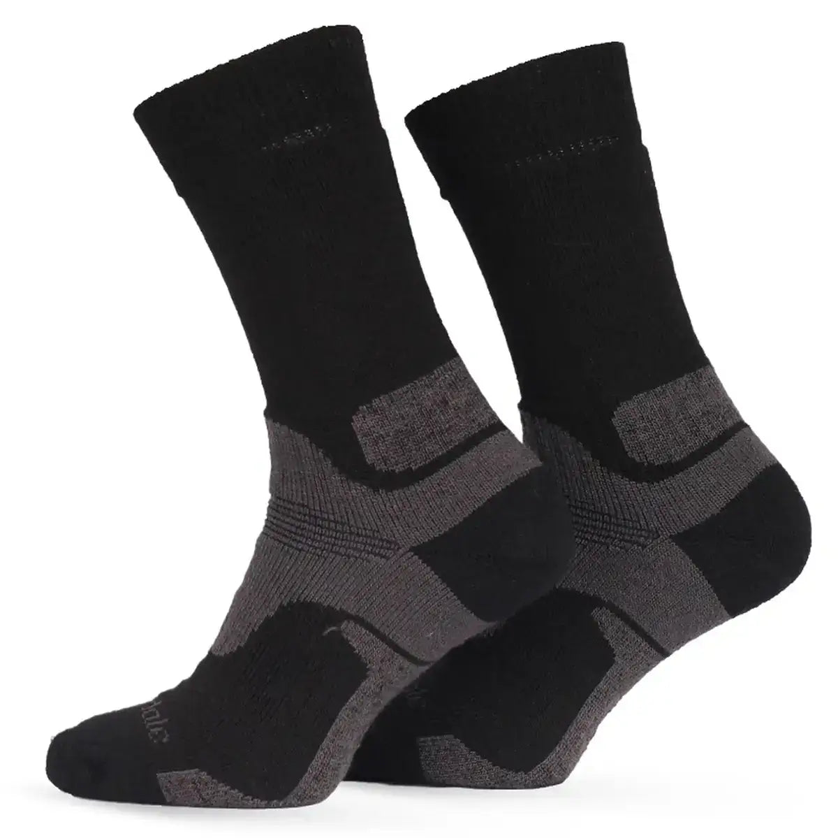 Black and gray Bridgedale Merino Mid-Weight Field Socks with moisture-wicking fabric and reinforced heel for durability