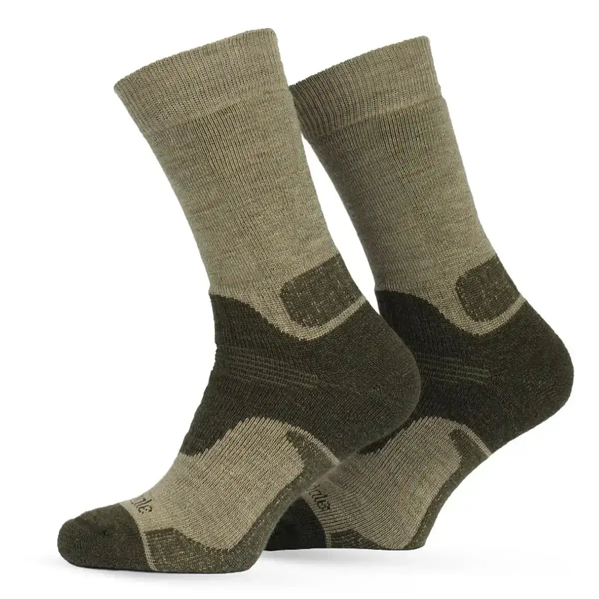 Close-up of Bridgedale Military Merino Mid-Weight Field Socks showing reinforced heel and toe, in beige and dark green, unisex, SKU: JB1660-OG-M