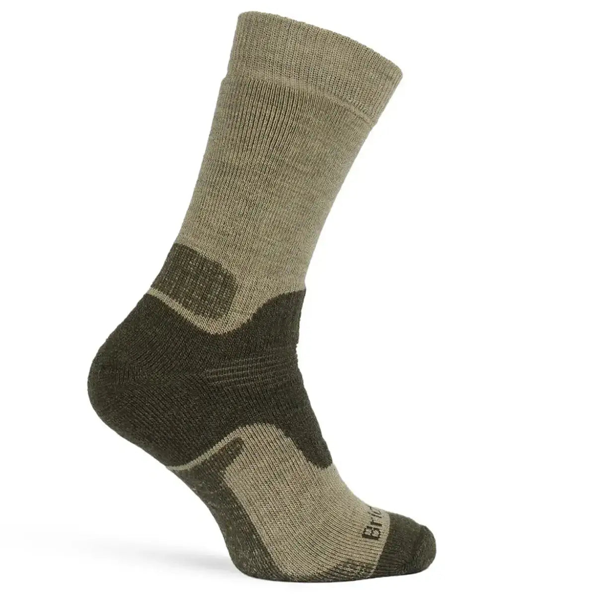 Pair of Bridgedale Military Merino Mid-Weight Field Socks in beige and dark green, with cushioned sole and arch support, SKU: JB1660-OG-M