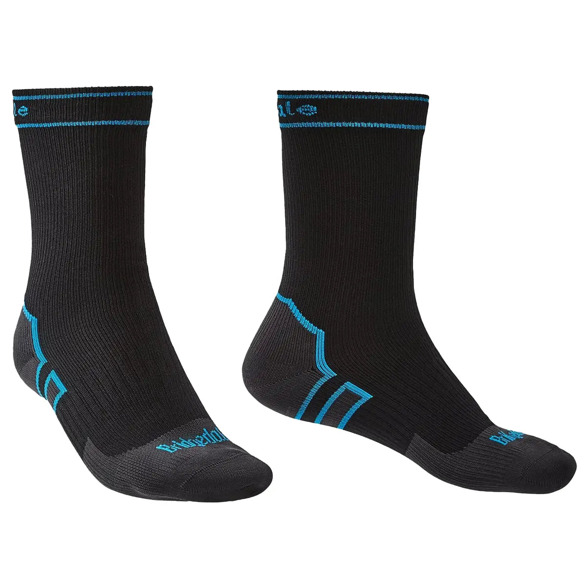 Bridgedale Storm Waterproof Socks Midweight in black with blue accents, designed for rugged use with breathable, windproof construction.