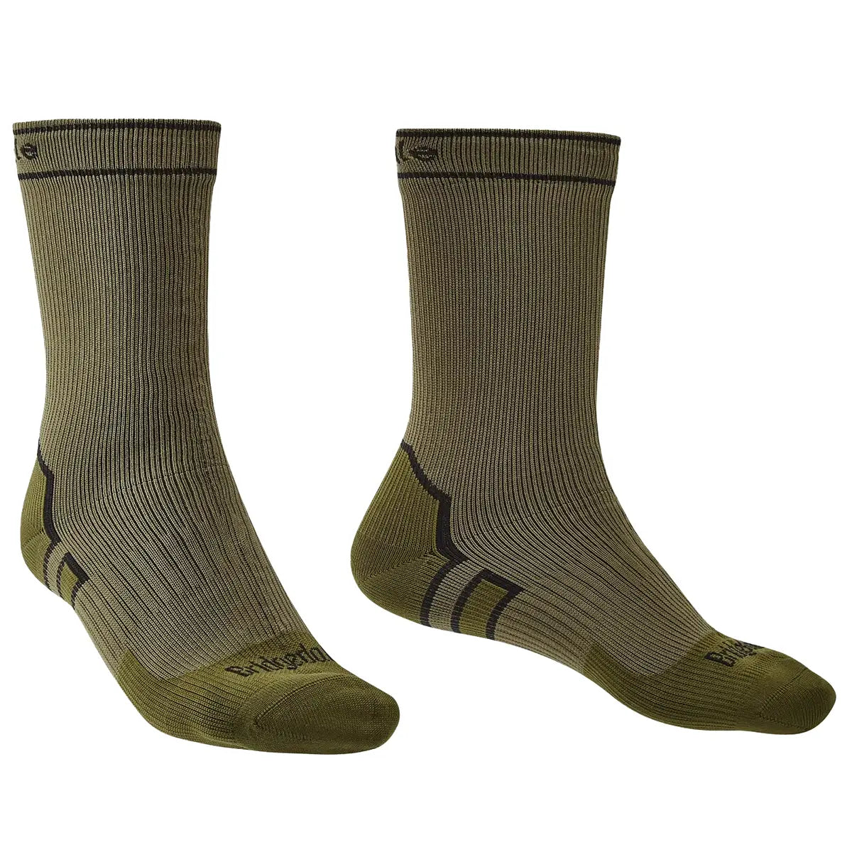 Bridgedale Storm Waterproof Socks Midweight in green and black, crew length with ribbed texture for outdoor performance and waterproof protection.