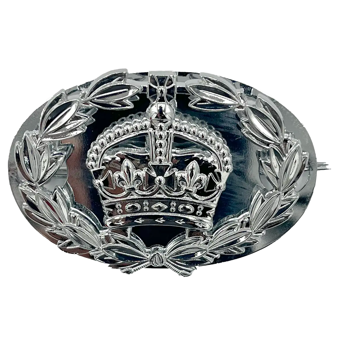 British Army Brass RQMS Crown for Leather Strap with laurel wreath and backing plate, used as rank insignia for Regimental Quartermaster Sergeant.