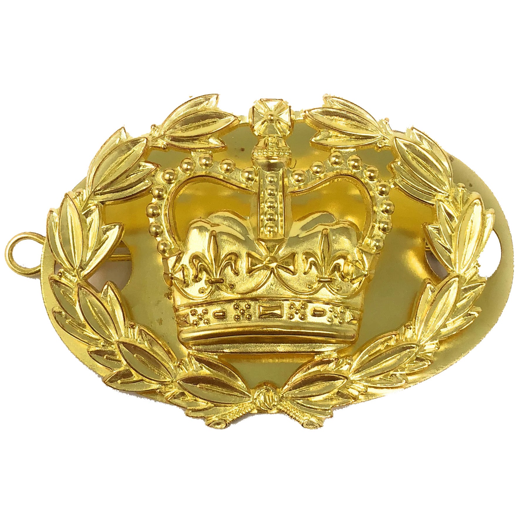High-quality British Army Brass RQMS Crown insignia with laurel wreath, designed for Regimental Quartermaster Sergeants' uniform accessories.