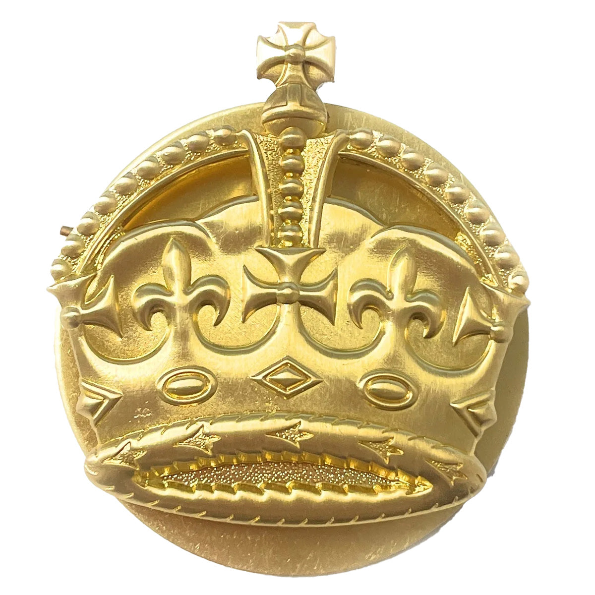 British Army WO2 Brass Crown with backing plate, featuring a detailed embossed design. Made from brass with a polished finish, ideal for uniform insignia.