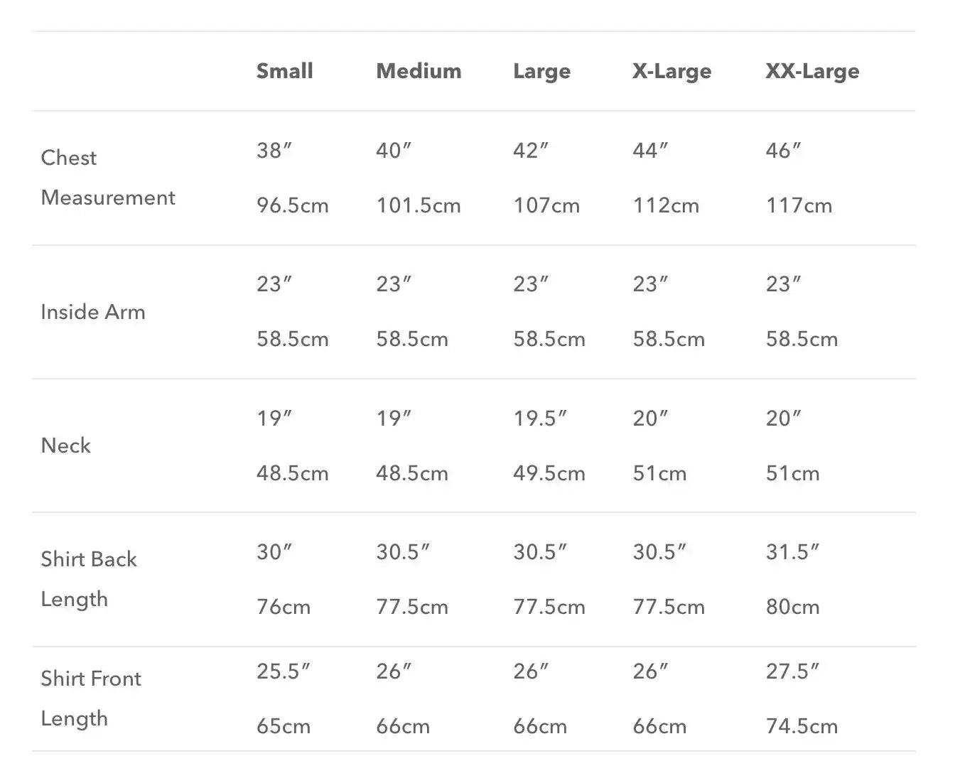 Size chart for Buffalo Mens Windshirt Jacket, detailing chest, arm, neck, and shirt length measurements from Small to XX-Large.  from  John Bull Clothing 