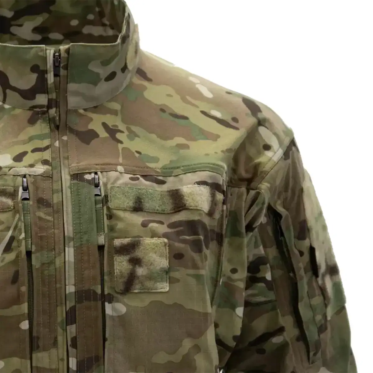 Military camouflage jacket with front zipper and shoulder pocket details  from  John Bull Clothing 