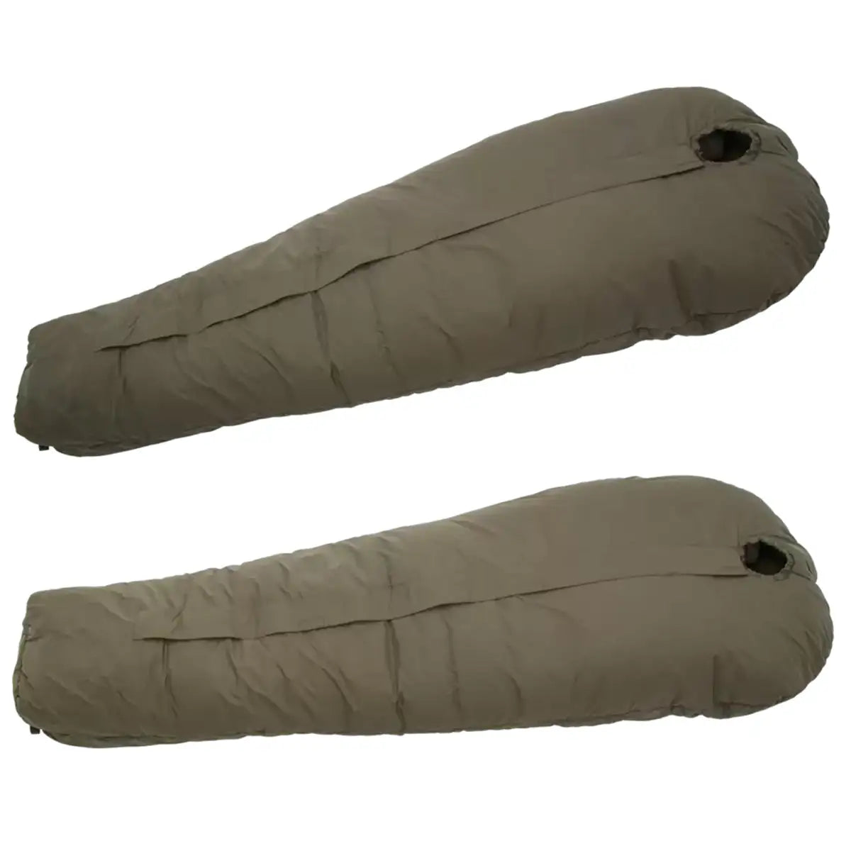 Carinthia Defence 4 Sleeping Bag Olive Green, displayed in two different angles, highlighting its compact and insulated design for outdoor use.  from  John Bull Clothing 