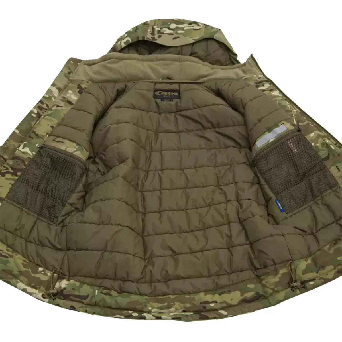 Fully opened Carinthia MIG 4.0 Jacket G-Loft Multicam, revealing quilted insulated lining and multiple internal storage compartments.  from  John Bull Clothing 