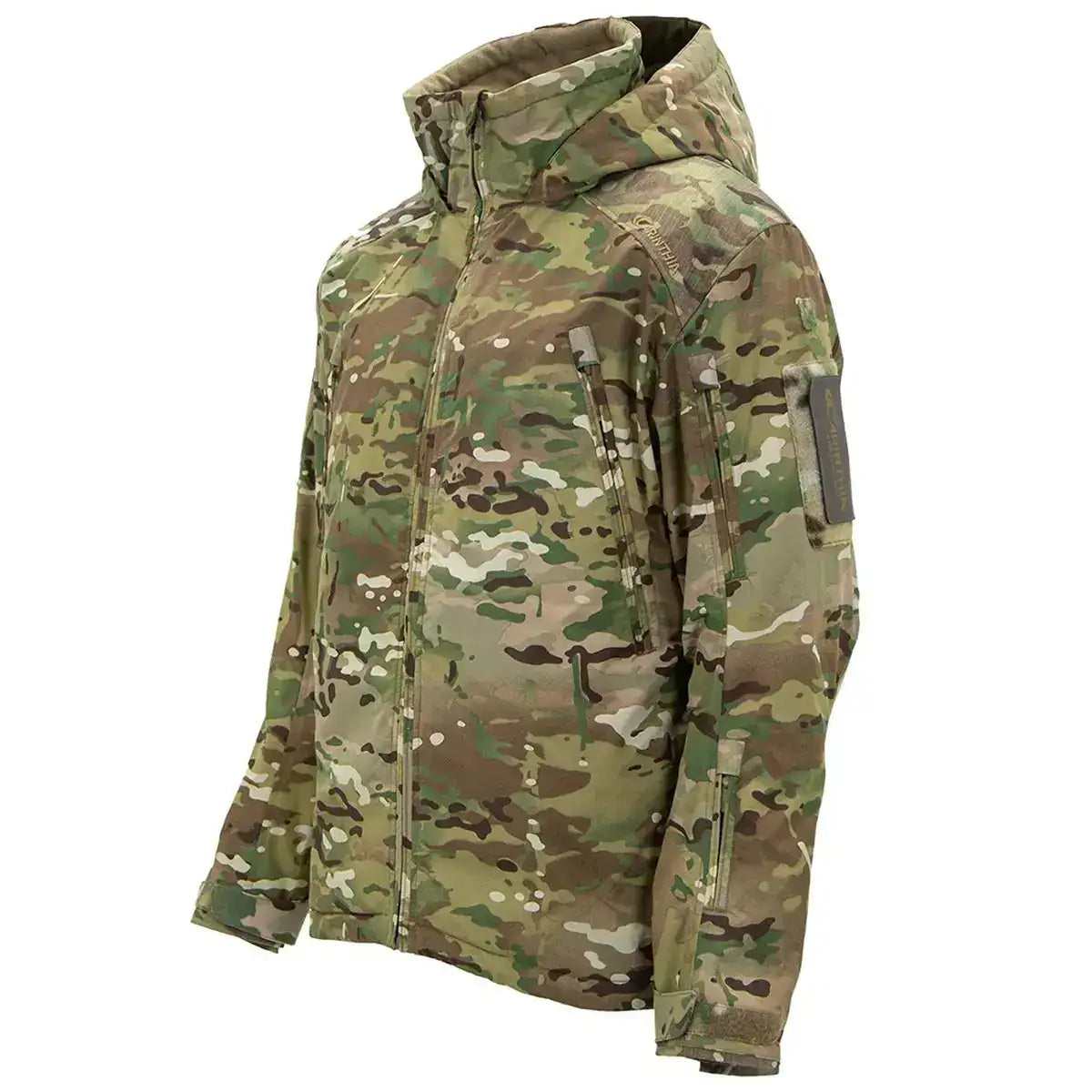 Carinthia MIG 5.0 G-Loft Jacket in Multicam camouflage pattern with hood, multiple zippered pockets, tactical design, suitable for military use