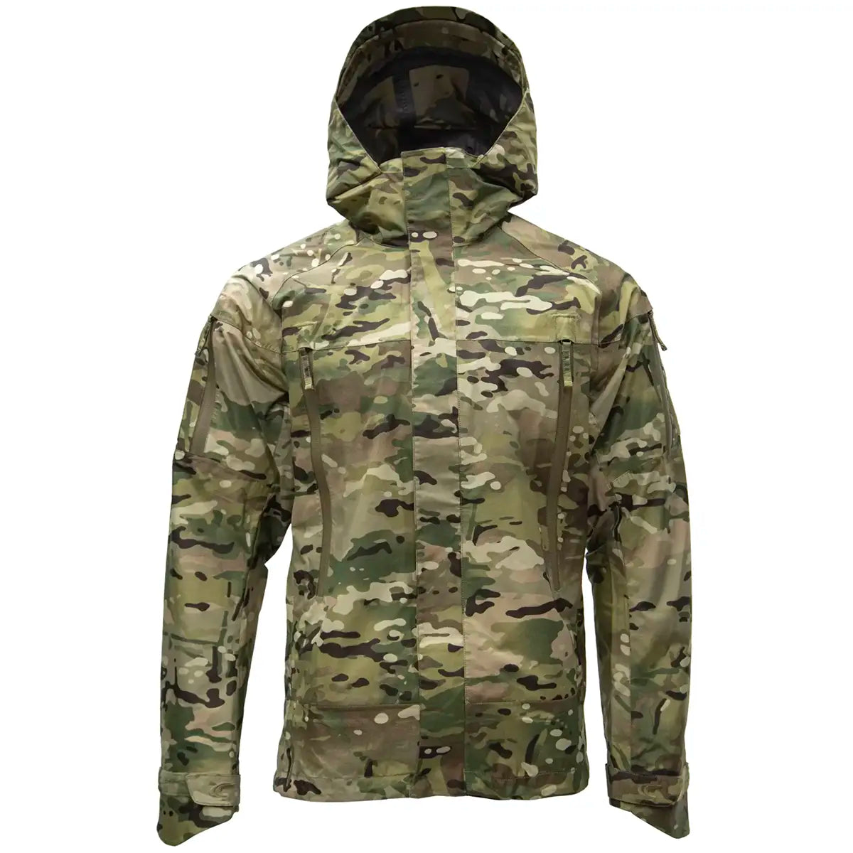 Front view of Carinthia PRG 2.0 Waterproof Jacket Multicam with hood, designed for tactical use in extreme weather conditions.