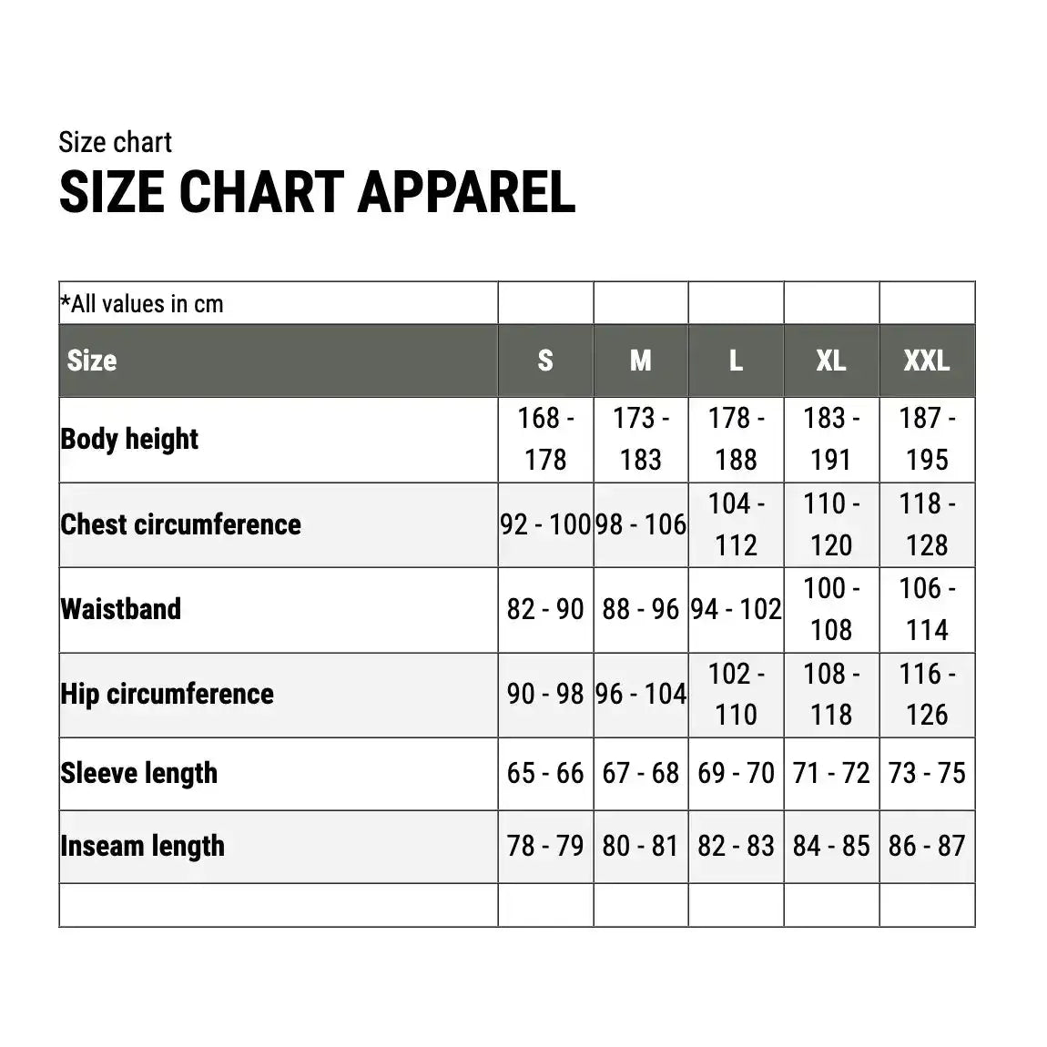 Size chart for military jacket showing measurements in centimeters for small to XXL sizes, including body height, chest, waist, hips, sleeve, and inseam length