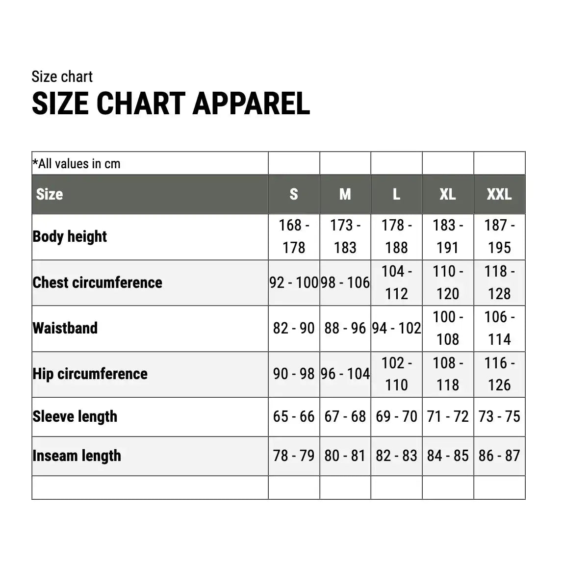 Size chart for Carinthia TLG 2.0 G-Loft Jacket, showing measurements for body height, chest, waist, hips, sleeve, and inseam in centimeters