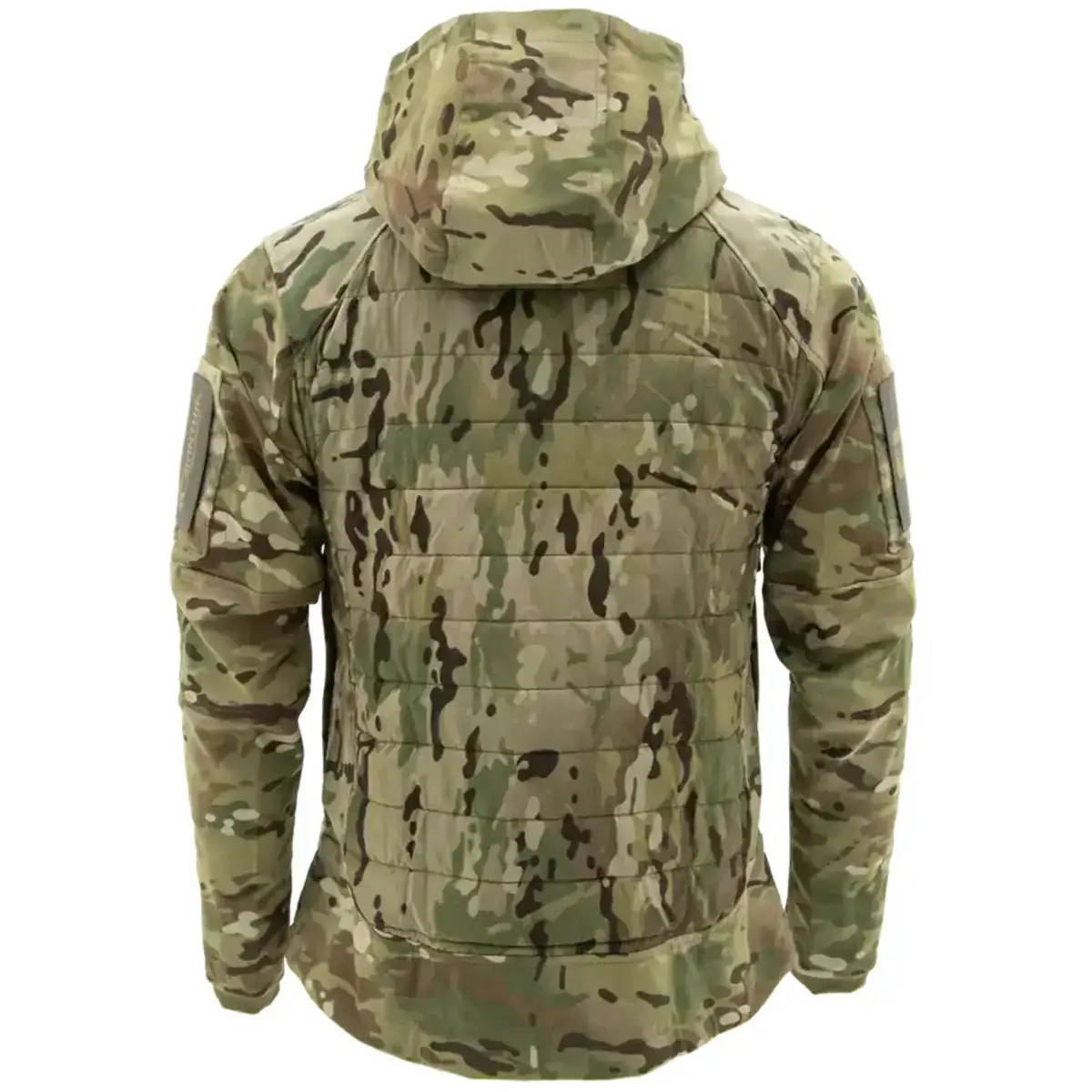 Back view of Carinthia Special Forces Softshell Jacket Multicam with padded design, camouflage pattern, and tactical branding.  from  John Bull Clothing 