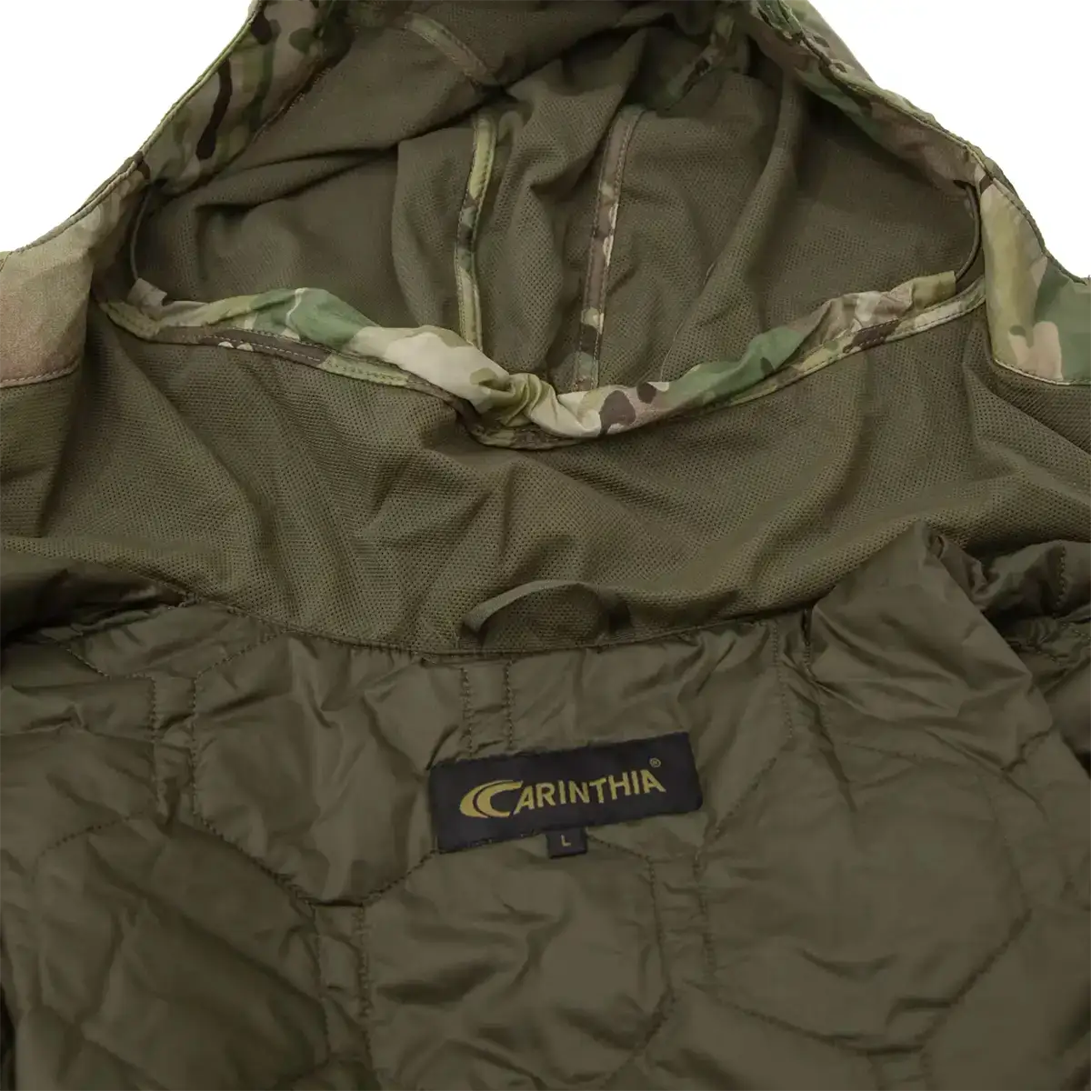 Interior view of Carinthia TLG 2.0 G-Loft Jacket in Multicam, showing mesh lining and internal pocket for tactical gear storage