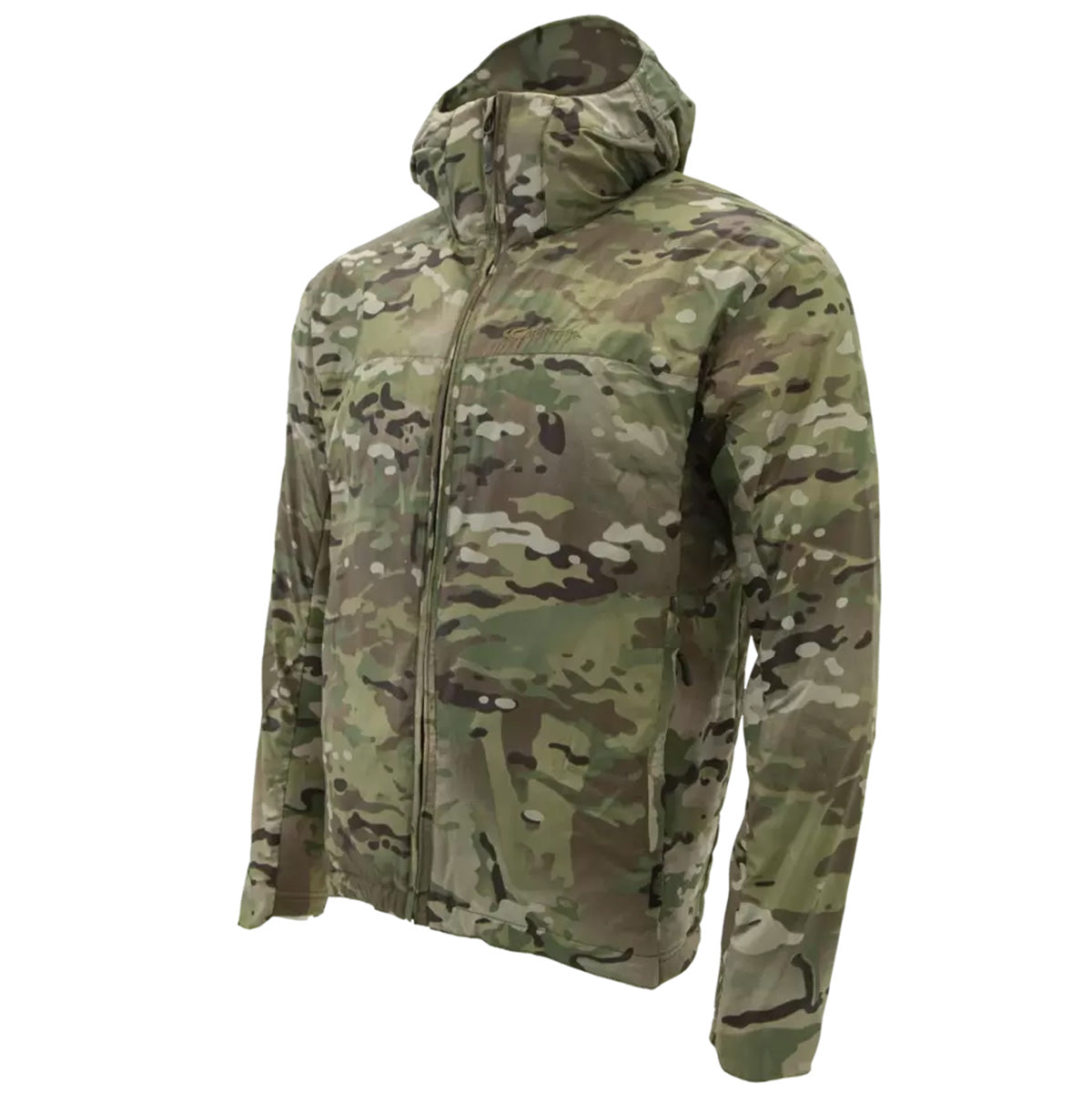 Side view of Carinthia TLG Jacket G-Loft Multicam, showcasing its ergonomic design and tactical camouflage pattern for outdoor performance.