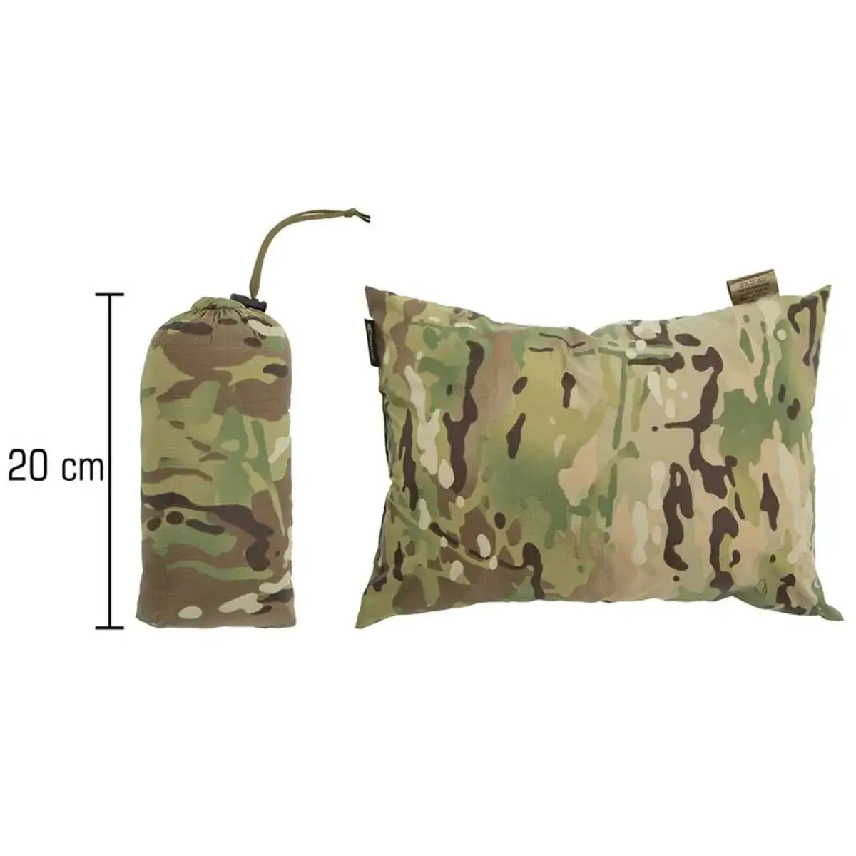 Camo-patterned Carinthia pillow with attached stuff sack, compact and lightweight for outdoor travel, 20cm height, SKU: JB1629-OG  from  John Bull Clothing 