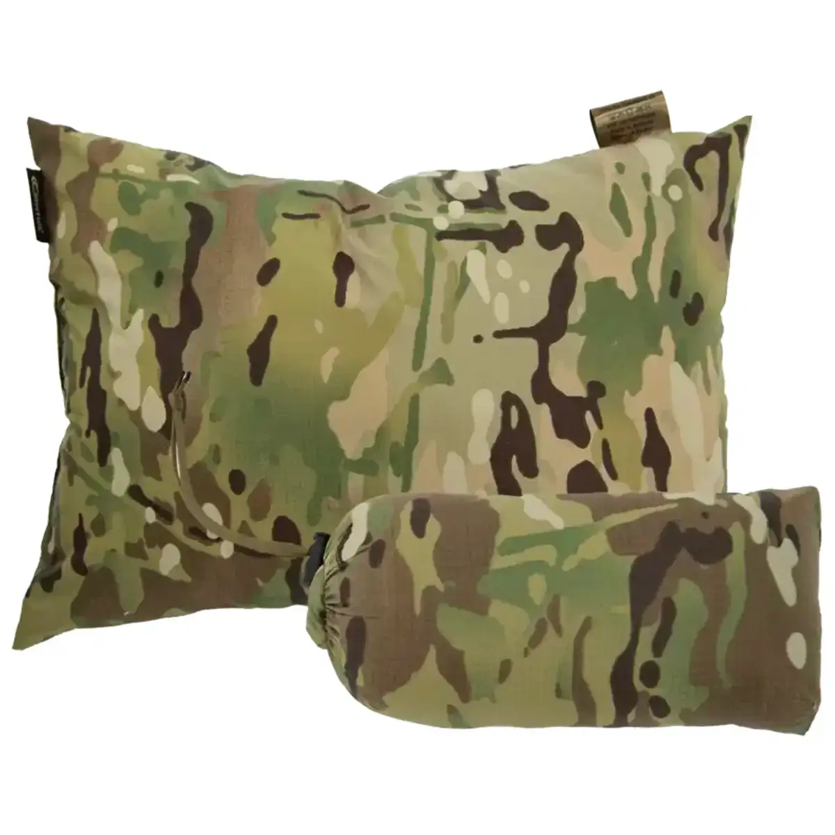 Camouflage travel pillow with G-Loft insulation in green and brown tones, designed for outdoor camping and hiking comfort, SKU: JB1629-OG Multicam from  John Bull Clothing 