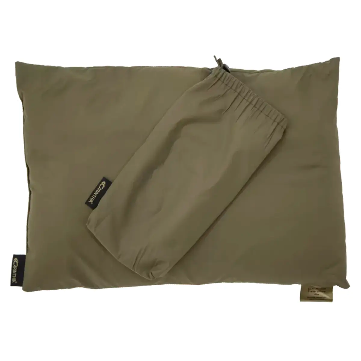 Camo-patterned Carinthia pillow and matching stuff sack, compact size, ideal for camping and outdoor adventures, SKU: JB1629-OG