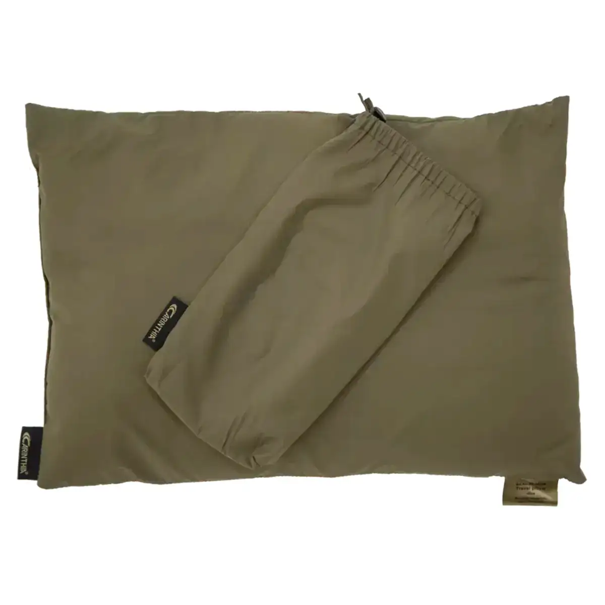 Camo-patterned Carinthia pillow and matching stuff sack, compact size, ideal for camping and outdoor adventures, SKU: JB1629-OG Olive Green from  John Bull Clothing 