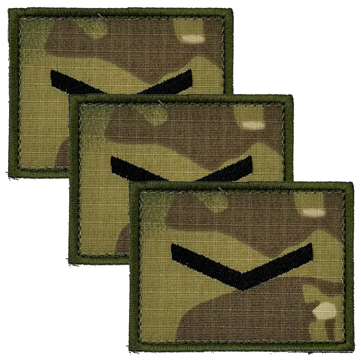 Camouflage military rank patch with black chevrons and crown