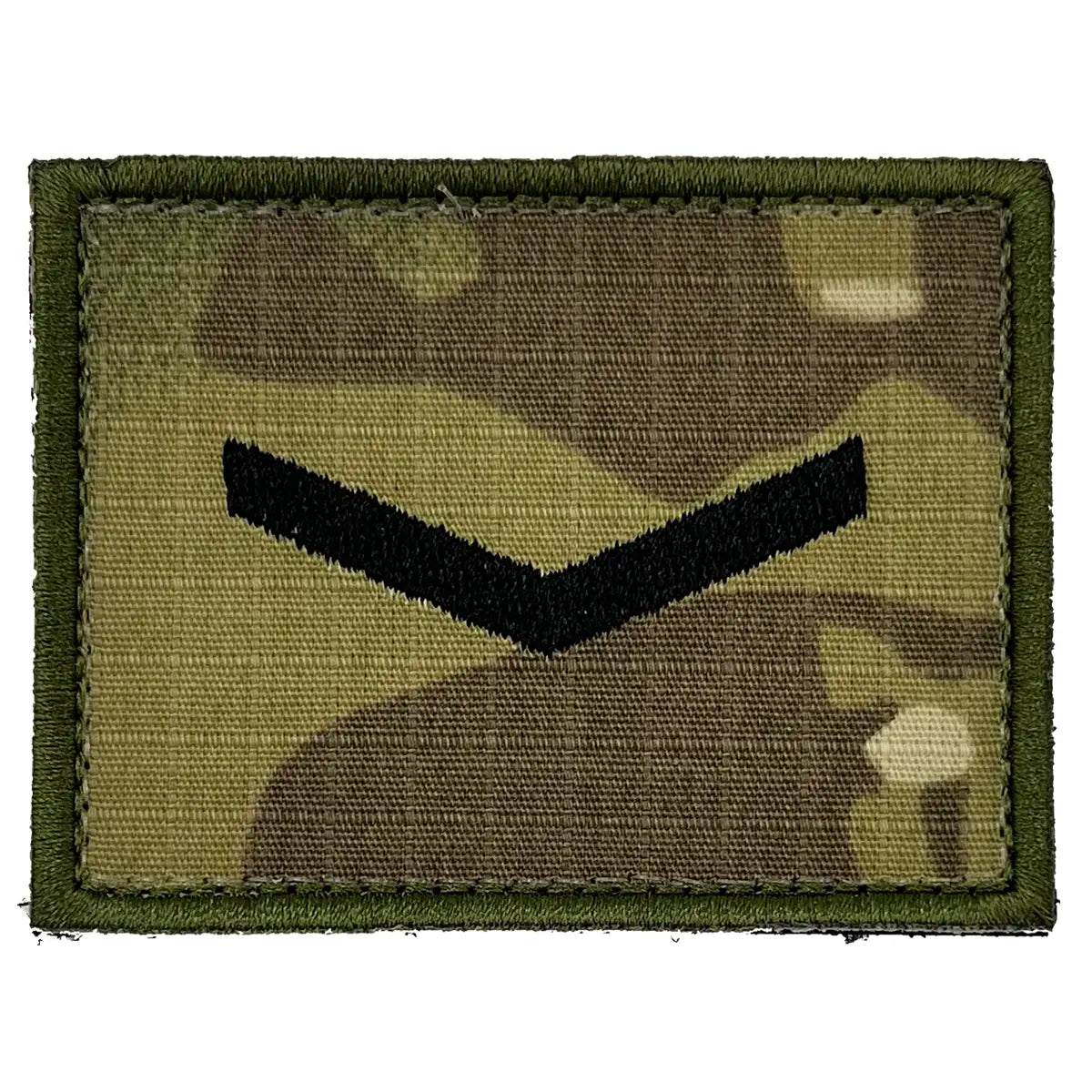 Back view of camouflage rank patch with black chevrons