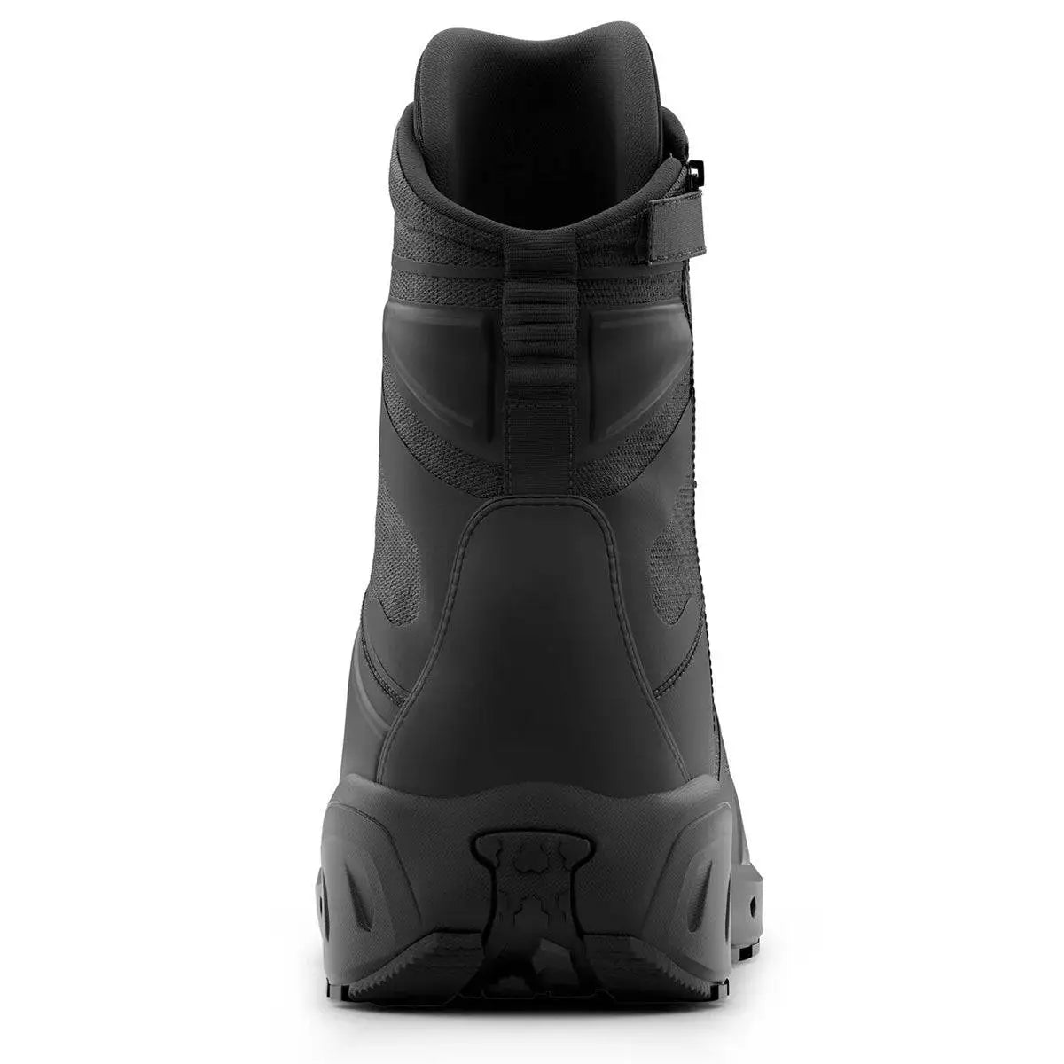 Rear view of First Tactical Men's 8" Aero-Tac Side-Zip Black Boot featuring padded collar and heel support for enhanced stability and fit.  from  John Bull Clothing 