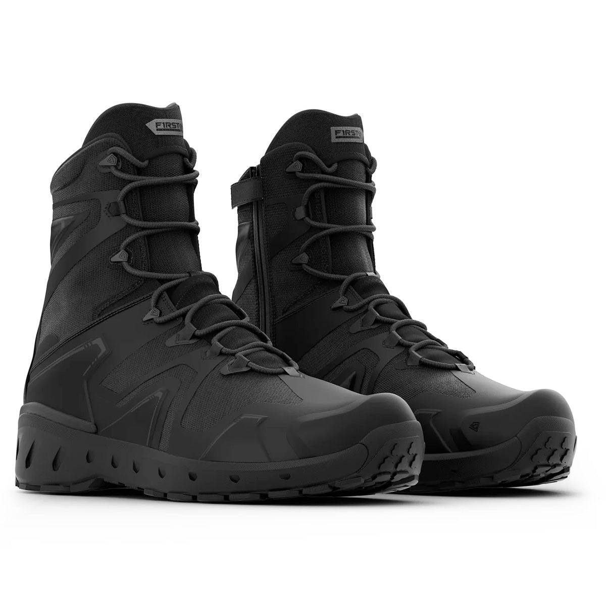 First Tactical Men's 8" Aero-Tac Side-Zip Black Boots shown in a front angled pair view, highlighting tactical design and durable construction.