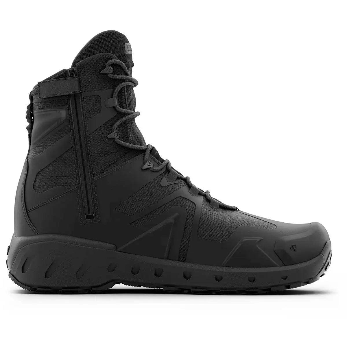 Side profile of First Tactical Men's 8" Aero-Tac Side-Zip Black Boot displaying side-zip entry and reinforced upper for law enforcement use.  from  John Bull Clothing 