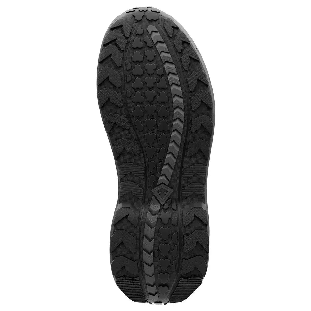 Outsole view of First Tactical Men's 8" Aero-Tac Side-Zip Black Boot showing slip-resistant tread pattern for superior traction in the field.  from  John Bull Clothing 