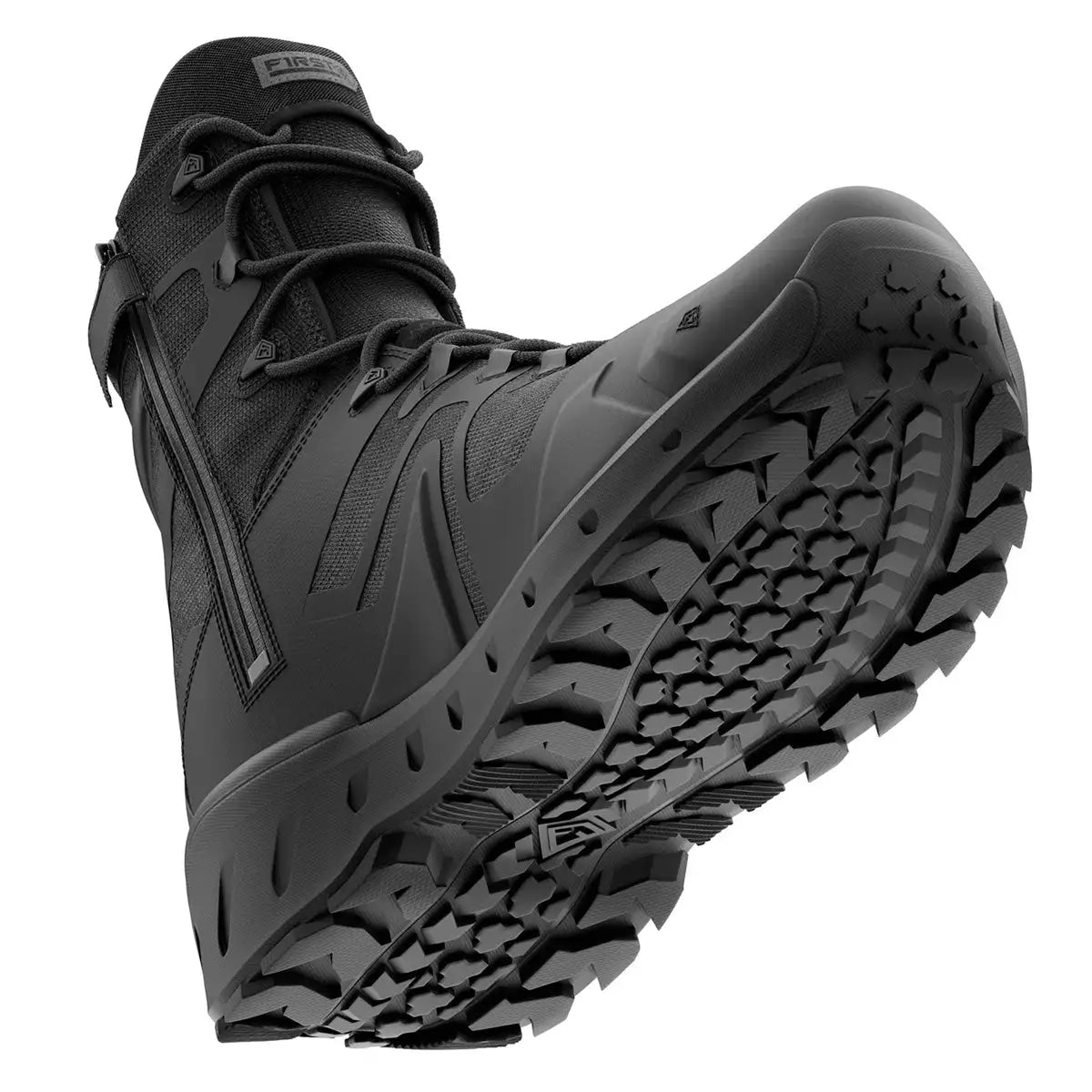 Dynamic low-angle view of First Tactical Men's 8" Aero-Tac Side-Zip Black Boot focusing on tread grip and side-zip for quick on/off access.  from  John Bull Clothing 