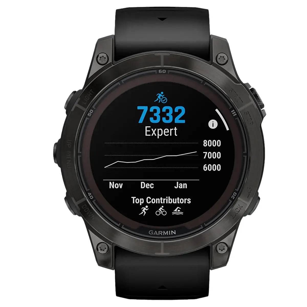 Garmin Fenix 7 Pro Sapphire Solar 47mm Carbon Grey DLC Titanium smartwatch showing performance metrics with a durable black titanium bezel.