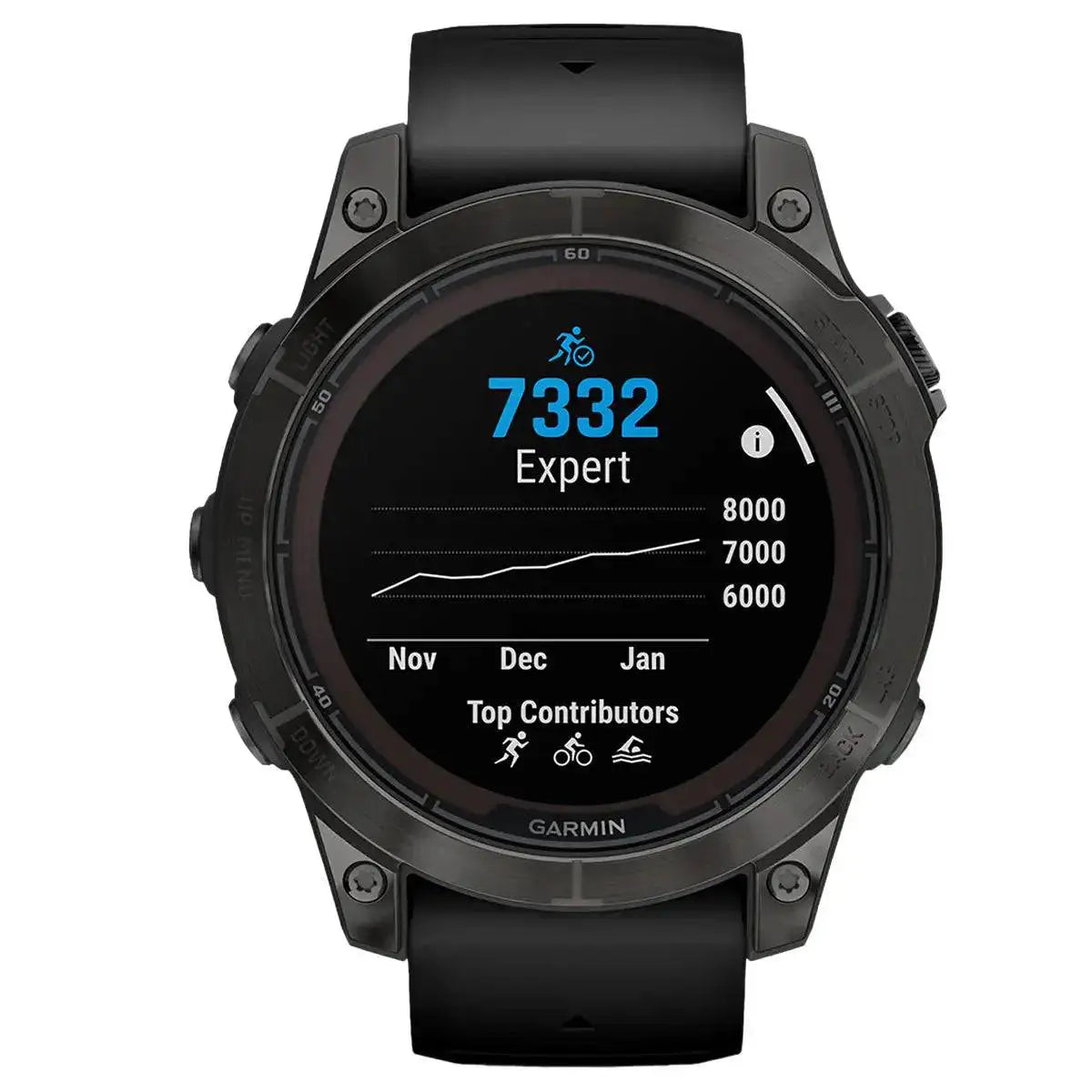 Garmin Fenix 7 Pro Sapphire Solar 47mm Carbon Grey DLC Titanium smartwatch showing performance metrics with a durable black titanium bezel.  from  John Bull Clothing 