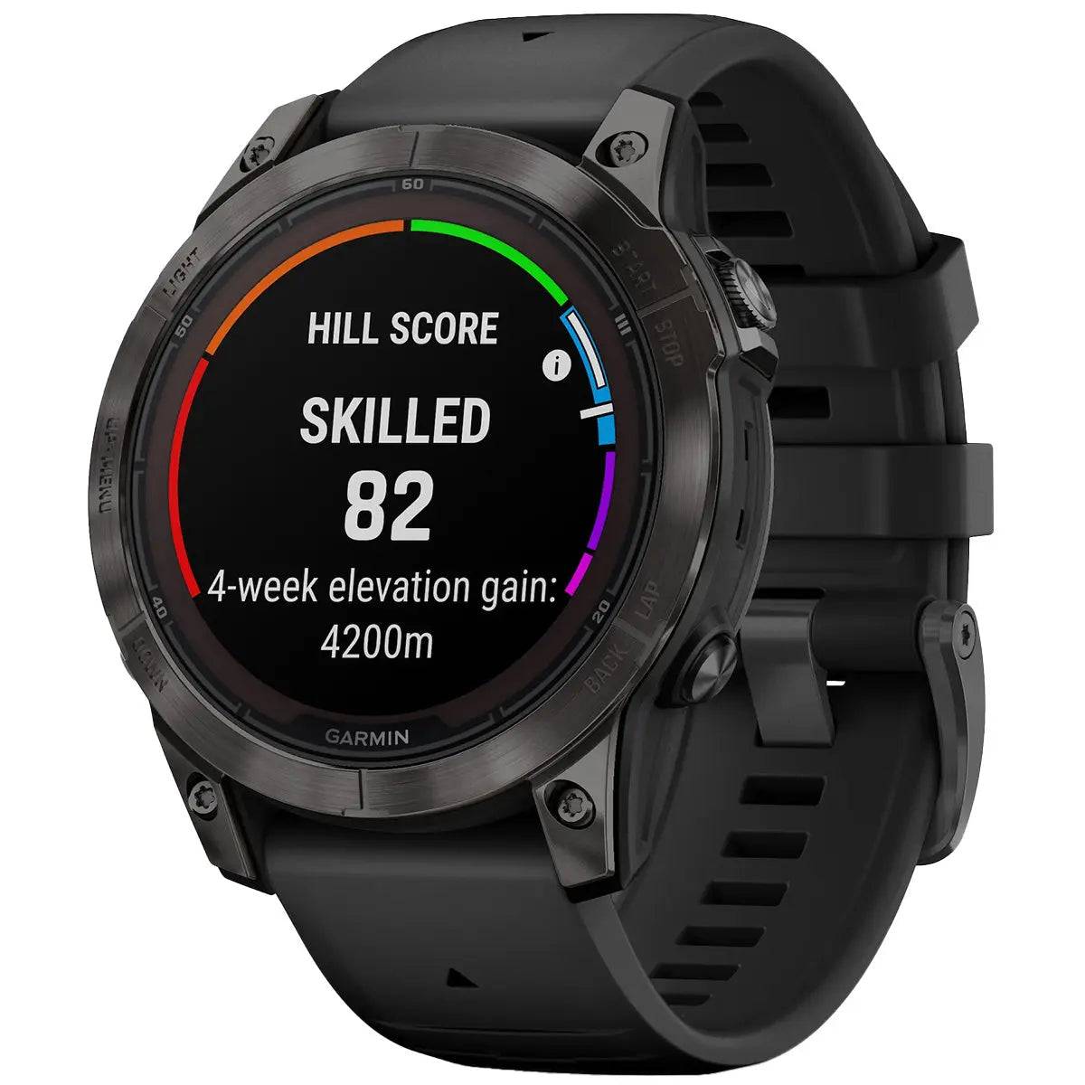 Garmin Fenix 7 Pro Sapphire Solar 47mm Carbon Grey DLC Titanium GPS watch displaying hill score and elevation gain on a rugged black design.